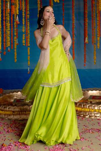 Shop Mint Blush Green Organza, Satin Halter Neck, Yes Citrine Kurta Flared Pant Set Online at Aza Fashions Shop_Mint Blush_Green Organza, Satin Halter Neck, Yes Citrine Kurta Flared Pant Set _Online_at_Aza_Fashions
