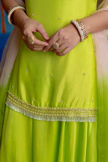 Mint Blush Green Organza, Satin Halter Neck, Yes Citrine Kurta Flared Pant Set at Aza Fashions Mint Blush_Green Organza, Satin Halter Neck, Yes Citrine Kurta Flared Pant Set _at_Aza_Fashions