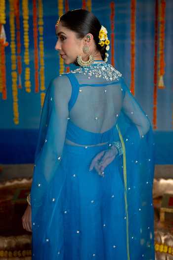Mint Blush Blue Organza, Chanderi Scoop Neck Cerulean Embroidered Cape Set Online at Aza Fashions Mint Blush_Blue Organza, Chanderi Scoop Neck Cerulean Embroidered Cape Set _Online_at_Aza_Fashions