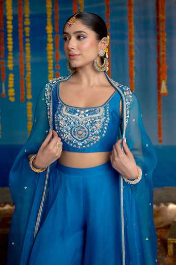 Shop Mint Blush Blue Organza, Chanderi Scoop Neck Cerulean Embroidered Cape Set Online at Aza Fashions Shop_Mint Blush_Blue Organza, Chanderi Scoop Neck Cerulean Embroidered Cape Set _Online_at_Aza_Fashions