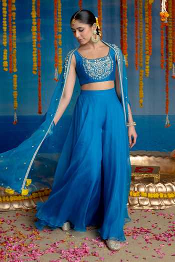 Buy Mint Blush Blue Organza, Chanderi Scoop Neck Cerulean Embroidered Cape Set Buy_Mint Blush_Blue Organza, Chanderi Scoop Neck Cerulean Embroidered Cape Set