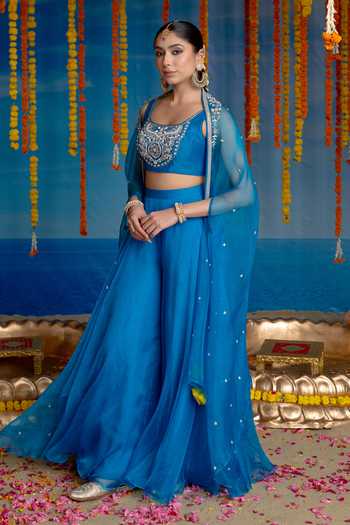 Shop Mint Blush Blue Organza, Chanderi Scoop Neck Cerulean Embroidered Cape Set Shop_Mint Blush_Blue Organza, Chanderi Scoop Neck Cerulean Embroidered Cape Set