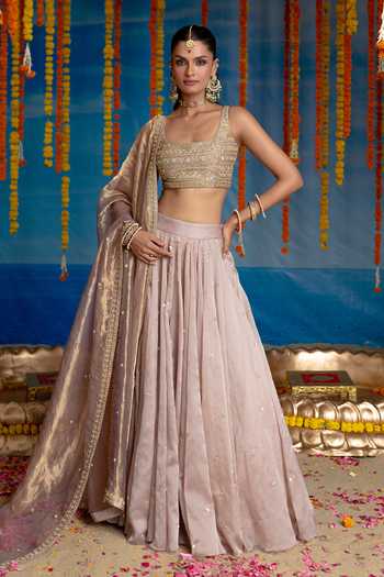 Mint Blush Orchid Embroidered Blouse Lehenga Set 