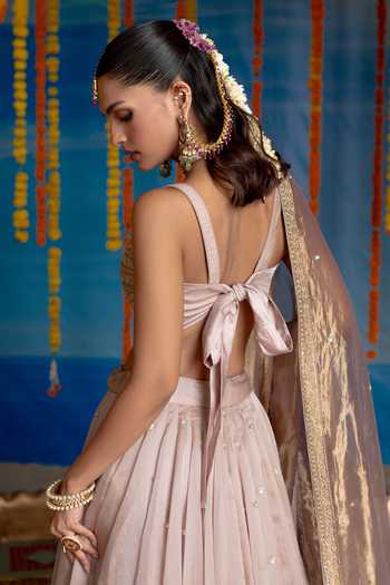 Mint Blush Purple Organza, Tissue, Vegan Silk Square Orchid Embroidered Blouse Lehenga Set at Aza Fashions Mint Blush_Purple Organza, Tissue, Vegan Silk Square Orchid Embroidered Blouse Lehenga Set _at_Aza_Fashions