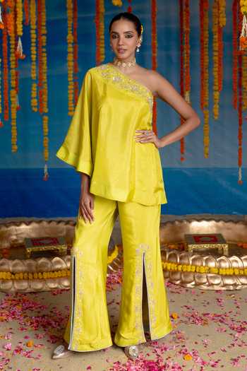 Mint Blush Lemon One Shoulder Top & Pant Set 
