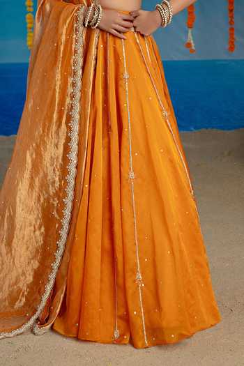 Mint Blush Orange Organza, Tissue, Vegan Silk Square Spice Embroidered Blouse Lehenga Set Online at Aza Fashions Mint Blush_Orange Organza, Tissue, Vegan Silk Square Spice Embroidered Blouse Lehenga Set _Online_at_Aza_Fashions