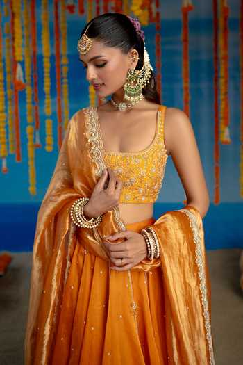 Buy Mint Blush Orange Organza, Tissue, Vegan Silk Square Spice Embroidered Blouse Lehenga Set Online at Aza Fashions Buy_Mint Blush_Orange Organza, Tissue, Vegan Silk Square Spice Embroidered Blouse Lehenga Set _Online_at_Aza_Fashions
