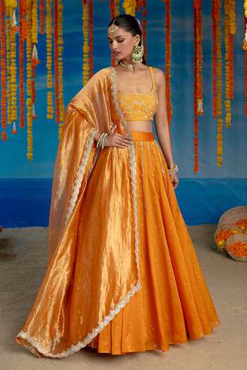 Shop Mint Blush Orange Organza, Tissue, Vegan Silk Square Spice Embroidered Blouse Lehenga Set Online at Aza Fashions Shop_Mint Blush_Orange Organza, Tissue, Vegan Silk Square Spice Embroidered Blouse Lehenga Set _Online_at_Aza_Fashions