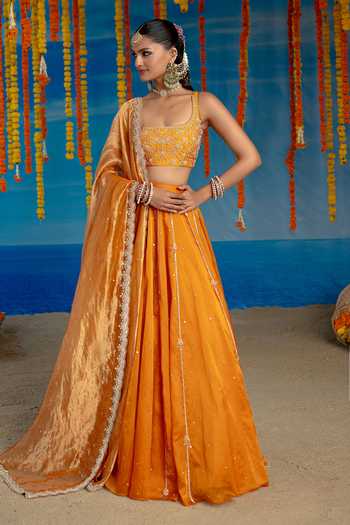 Mint Blush Orange Organza, Tissue, Vegan Silk Square Spice Embroidered Blouse Lehenga Set at Aza Fashions Mint Blush_Orange Organza, Tissue, Vegan Silk Square Spice Embroidered Blouse Lehenga Set _at_Aza_Fashions