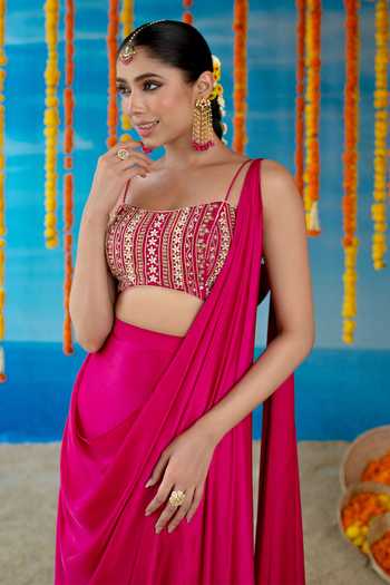 Mint Blush Pink Silk, Satin Square Neck Velvet Pre-draped Saree With Embellished Blouse Online at Aza Fashions Mint Blush_Pink Silk, Satin Square Neck Velvet Pre-draped Saree With Embellished Blouse _Online_at_Aza_Fashions