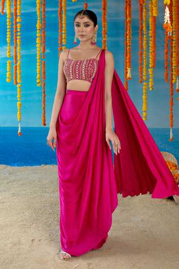 Mint Blush Velvet Pre-Draped Saree With Embellished Blouse 