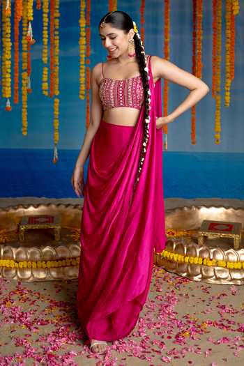 Shop Mint Blush Pink Silk, Satin Square Neck Velvet Pre-draped Saree With Embellished Blouse Online at Aza Fashions Shop_Mint Blush_Pink Silk, Satin Square Neck Velvet Pre-draped Saree With Embellished Blouse _Online_at_Aza_Fashions