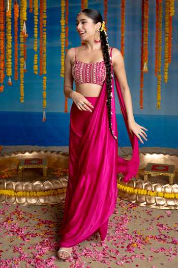 Mint Blush Pink Silk, Satin Square Neck Velvet Pre-draped Saree With Embellished Blouse at Aza Fashions Mint Blush_Pink Silk, Satin Square Neck Velvet Pre-draped Saree With Embellished Blouse _at_Aza_Fashions