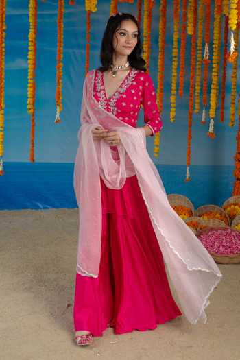 Shop Mint Blush Pink Organza, Chiffon V-neck Cerise Embroidered Top Palazzo Set Online at Aza Fashions Shop_Mint Blush_Pink Organza, Chiffon V-neck Cerise Embroidered Top Palazzo Set _Online_at_Aza_Fashions