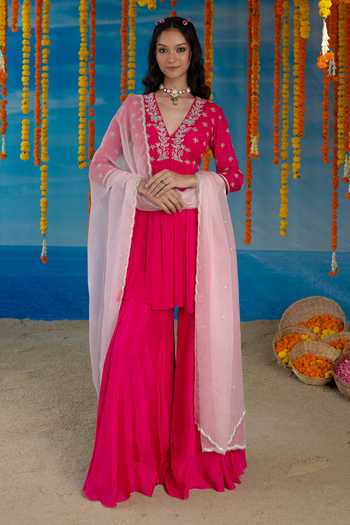 Mint Blush Cerise Embroidered Top Palazzo Set 