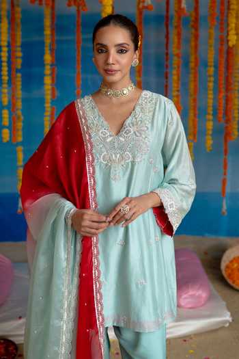 Buy Mint Blush Blue Organza, Chanderi V-neck Skylight Yoke Embroidered Kurta Set Online at Aza Fashions Buy_Mint Blush_Blue Organza, Chanderi V-neck Skylight Yoke Embroidered Kurta Set _Online_at_Aza_Fashions