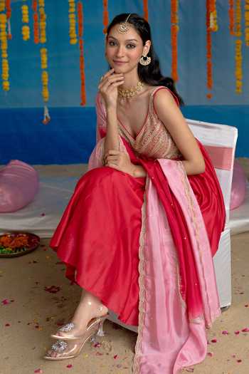 Buy Mint Blush Pink Organza, Satin, Chanderi Silk V-neck Flamingo Anarkali Set Online at Aza Fashions Buy_Mint Blush_Pink Organza, Satin, Chanderi Silk V-neck Flamingo Anarkali Set _Online_at_Aza_Fashions