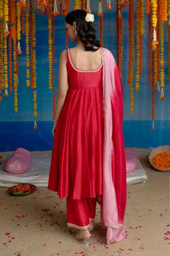 Mint Blush Flamingo Chanderi Silk Organza Satin Anarkali Set 