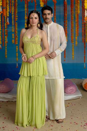 Shop Mint Blush Green Organza, Chiffon Halter Neck Pistachio Embroidered Top And Sharara Set Online at Aza Fashions Shop_Mint Blush_Green Organza, Chiffon Halter Neck Pistachio Embroidered Top And Sharara Set _Online_at_Aza_Fashions