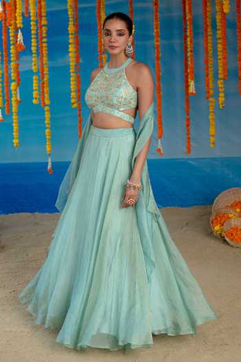 Mint Blush Frost Embroidered Blouse & Lehenga Set 