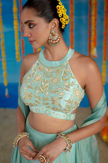 Shop Mint Blush Blue Silk, Tissue Halter Neck Frost Embroidered Blouse And Lehenga Set Online at Aza Fashions Shop_Mint Blush_Blue Silk, Tissue Halter Neck Frost Embroidered Blouse And Lehenga Set _Online_at_Aza_Fashions