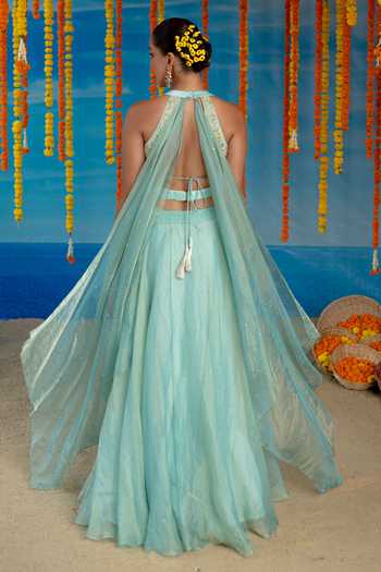 Mint Blush Frost Embroidered Blouse & Lehenga Set 