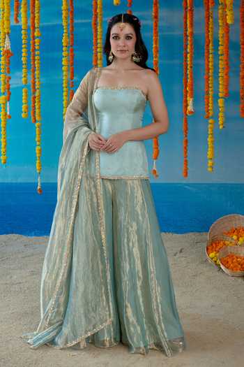 Mint Blush Blue Silk, Organza, Tissue Sweetheart Neck Aqua Embroidered Corset Palazzo Set at Aza Fashions Mint Blush_Blue Silk, Organza, Tissue Sweetheart Neck Aqua Embroidered Corset Palazzo Set _at_Aza_Fashions
