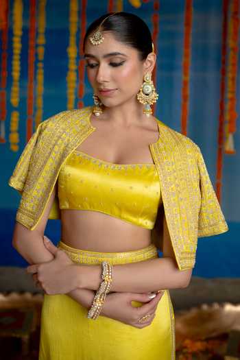 Buy Mint Blush Yellow Silk Square , Open Sunrise Embroidered Cropped Jacket Skirt Set Online at Aza Fashions Buy_Mint Blush_Yellow Silk Square , Open Sunrise Embroidered Cropped Jacket Skirt Set _Online_at_Aza_Fashions