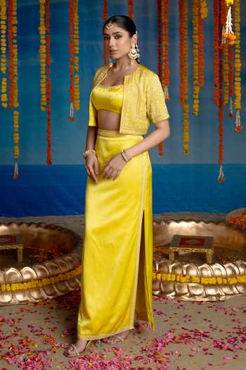 Shop Mint Blush Yellow Silk Square , Open Sunrise Embroidered Cropped Jacket Skirt Set Online at Aza Fashions Shop_Mint Blush_Yellow Silk Square , Open Sunrise Embroidered Cropped Jacket Skirt Set _Online_at_Aza_Fashions