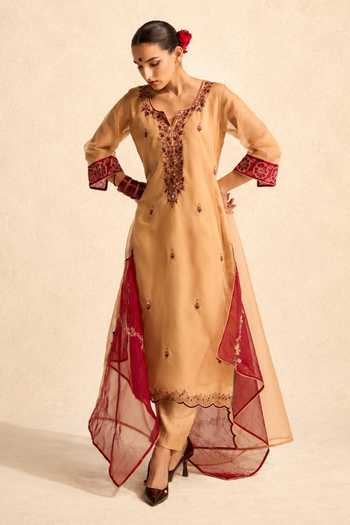 Buy Meesa Beige Cotton, Organza, Shantoon V-neck, Yes Elina Hand Embroidered Kurta Set Online at Aza Fashions Buy_Meesa_Beige Cotton, Organza, Shantoon V-neck, Yes Elina Hand Embroidered Kurta Set _Online_at_Aza_Fashions