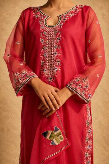 Meesa_Pink Cotton, Organza, Shantoon Keyhole Meher Hand Embroidered Kurta Pant Set _Online_at_Aza_Fashions