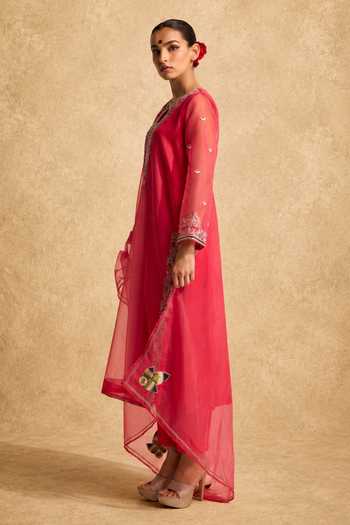 Shop_Meesa_Pink Cotton, Organza, Shantoon Keyhole Meher Hand Embroidered Kurta Pant Set _Online_at_Aza_Fashions