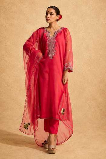 Meesa_Pink Cotton, Organza, Shantoon Keyhole Meher Hand Embroidered Kurta Pant Set _at_Aza_Fashions
