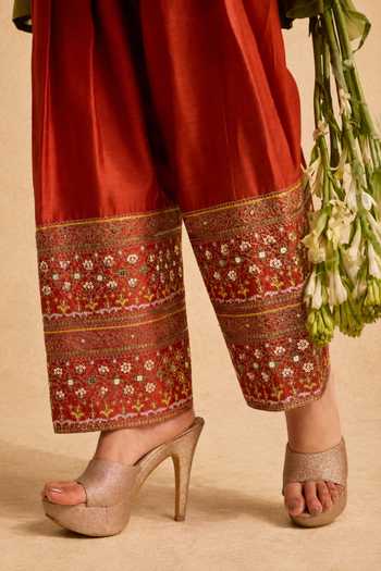Shop_Meesa_Orange Organza, Chanderi Cotton V-neck Leela Hand Embroidered Anarkali Set _Online_at_Aza_Fashions