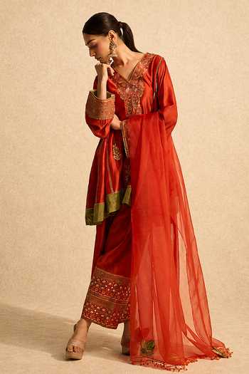 Meesa_Orange Organza, Chanderi Cotton V-neck Leela Hand Embroidered Anarkali Set _at_Aza_Fashions