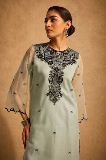 Meesa Green Cotton, Organza, Shantoon Round Neck Inaya Yoke Embroidered Kurta Set Online at Aza Fashions Meesa_Green Cotton, Organza, Shantoon Round Neck Inaya Yoke Embroidered Kurta Set _Online_at_Aza_Fashions