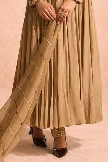 Meesa Beige Organza, Crepe, Shantoon High Neck Hania Hand Embroidered Anarkali Set Online at Aza Fashions Meesa_Beige Organza, Crepe, Shantoon High Neck Hania Hand Embroidered Anarkali Set _Online_at_Aza_Fashions