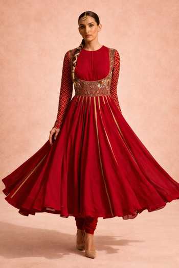 Meesa Maroon Chanderi, Cotton Round Neck Chaand Embroidered Anarkali Set Online at Aza Fashions Meesa_Maroon Chanderi, Cotton Round Neck Chaand Embroidered Anarkali Set _Online_at_Aza_Fashions