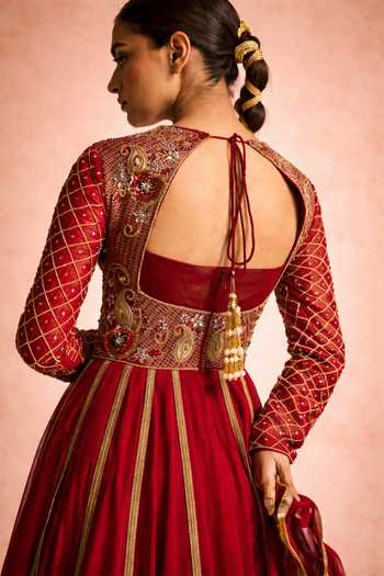 Shop Meesa Maroon Chanderi, Cotton Round Neck Chaand Embroidered Anarkali Set Online at Aza Fashions Shop_Meesa_Maroon Chanderi, Cotton Round Neck Chaand Embroidered Anarkali Set _Online_at_Aza_Fashions