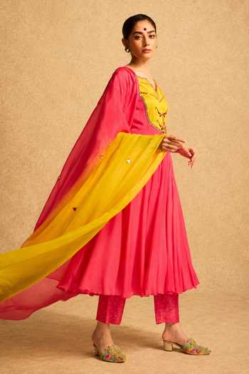 Meesa_Pink Chiffon, Chanderi, Shantoon, Chinon Bindiyayoke Embroidered Anarkali Set _Online_at_Aza_Fashions