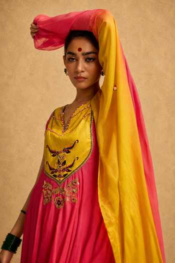 Shop_Meesa_Pink Chiffon, Chanderi, Shantoon, Chinon Bindiyayoke Embroidered Anarkali Set _Online_at_Aza_Fashions