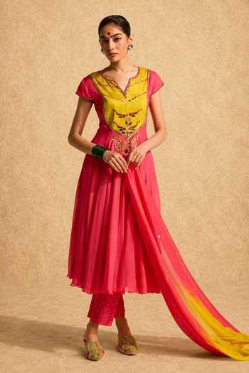 Meesa_Pink Chiffon, Chanderi, Shantoon, Chinon Bindiyayoke Embroidered Anarkali Set _at_Aza_Fashions
