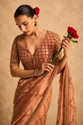 Meesa Peach Tissue, Net, Shantoon, Afsana Pre Draped Saree With Embroidered Blouse Online at Aza Fashions Meesa_Peach Tissue, Net, Shantoon, Afsana Pre Draped Saree With Embroidered Blouse _Online_at_Aza_Fashions