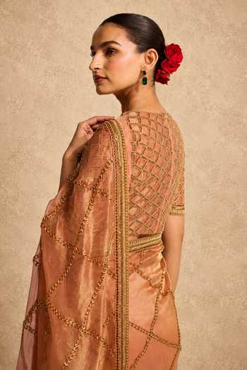 Buy Meesa Peach Tissue, Net, Shantoon, Afsana Pre Draped Saree With Embroidered Blouse Online at Aza Fashions Buy_Meesa_Peach Tissue, Net, Shantoon, Afsana Pre Draped Saree With Embroidered Blouse _Online_at_Aza_Fashions