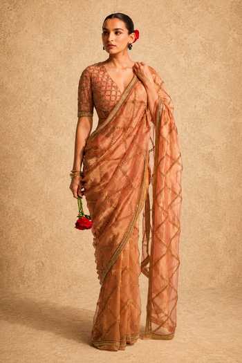 Shop Meesa Peach Tissue, Net, Shantoon, Afsana Pre Draped Saree With Embroidered Blouse Online at Aza Fashions Shop_Meesa_Peach Tissue, Net, Shantoon, Afsana Pre Draped Saree With Embroidered Blouse _Online_at_Aza_Fashions