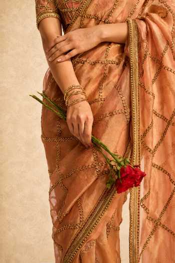 Meesa Peach Tissue, Net, Shantoon, Afsana Pre Draped Saree With Embroidered Blouse at Aza Fashions Meesa_Peach Tissue, Net, Shantoon, Afsana Pre Draped Saree With Embroidered Blouse _at_Aza_Fashions