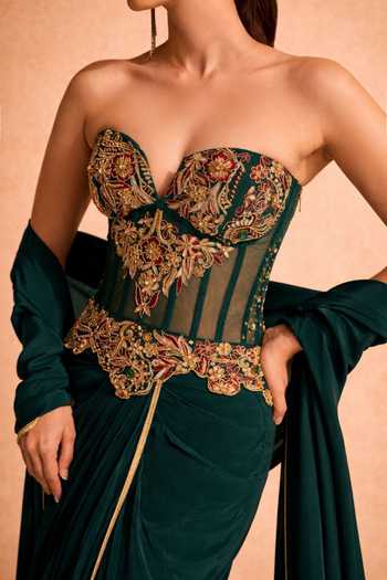 Meesa_Green Crepe, Satin, Net, Lycra Embroidery, Beads, Ruhani Corset Lehenga Set _Online_at_Aza_Fashions
