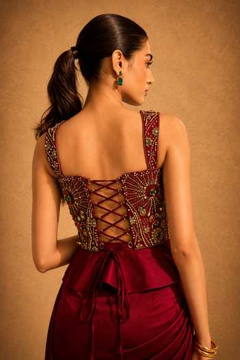 Meesa Wine Satin, Net, Lycra Sequins, Noor E Ishq Hand Embroidered Corset And Skirt Set Online at Aza Fashions Meesa_Wine Satin, Net, Lycra Sequins, Noor E Ishq Hand Embroidered Corset And Skirt Set _Online_at_Aza_Fashions