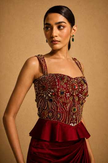 Buy Meesa Wine Satin, Net, Lycra Sequins, Noor E Ishq Hand Embroidered Corset And Skirt Set Online at Aza Fashions Buy_Meesa_Wine Satin, Net, Lycra Sequins, Noor E Ishq Hand Embroidered Corset And Skirt Set _Online_at_Aza_Fashions