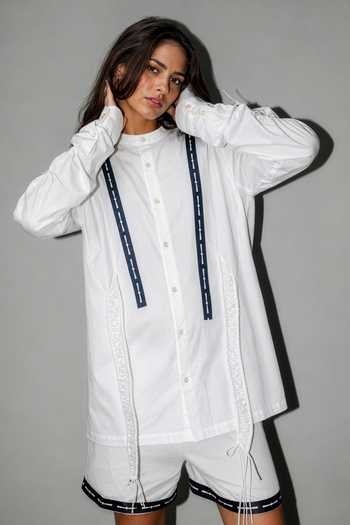Saim_White Cotton Band Collar Gathered Suspender Shirt _Online_at_Aza_Fashions